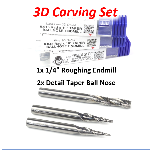 3D Carving CNC Router Bit Set, 2 Fine detail Taper Ball Nose and The BEAST Roughing Bit