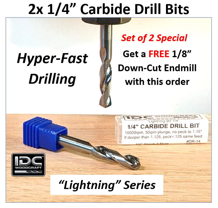 idc woodcraft 1/4" carbide drill bit for cnc routers and projects like cribbage boards