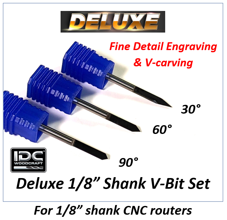 1/8" 30, 60, and90 degree v bit set for cnc router bit projects with machines like the 3018 pro