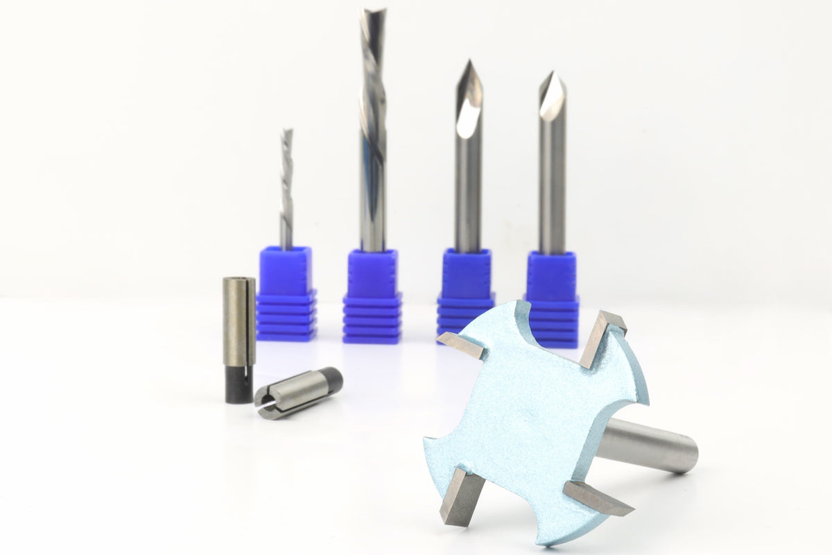 A set of essential CNC router bits including different shaped bits for woodworking projects, with a promotional saving offer visible.