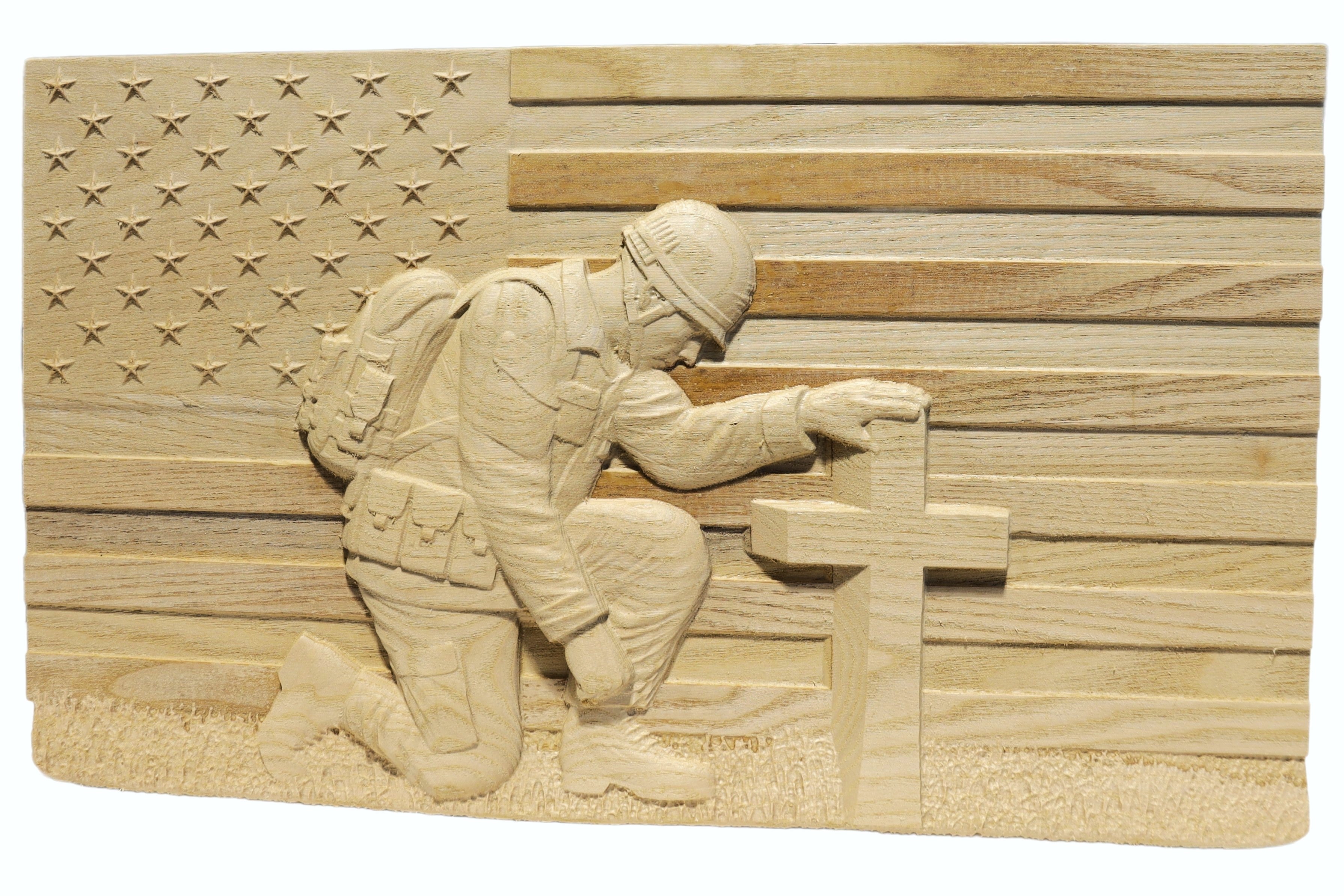 American Flag & Kneeling Soldier 3D STL | Battlefield Cross Relief for CNC Router – Patriotic Veterans Tribute Carving