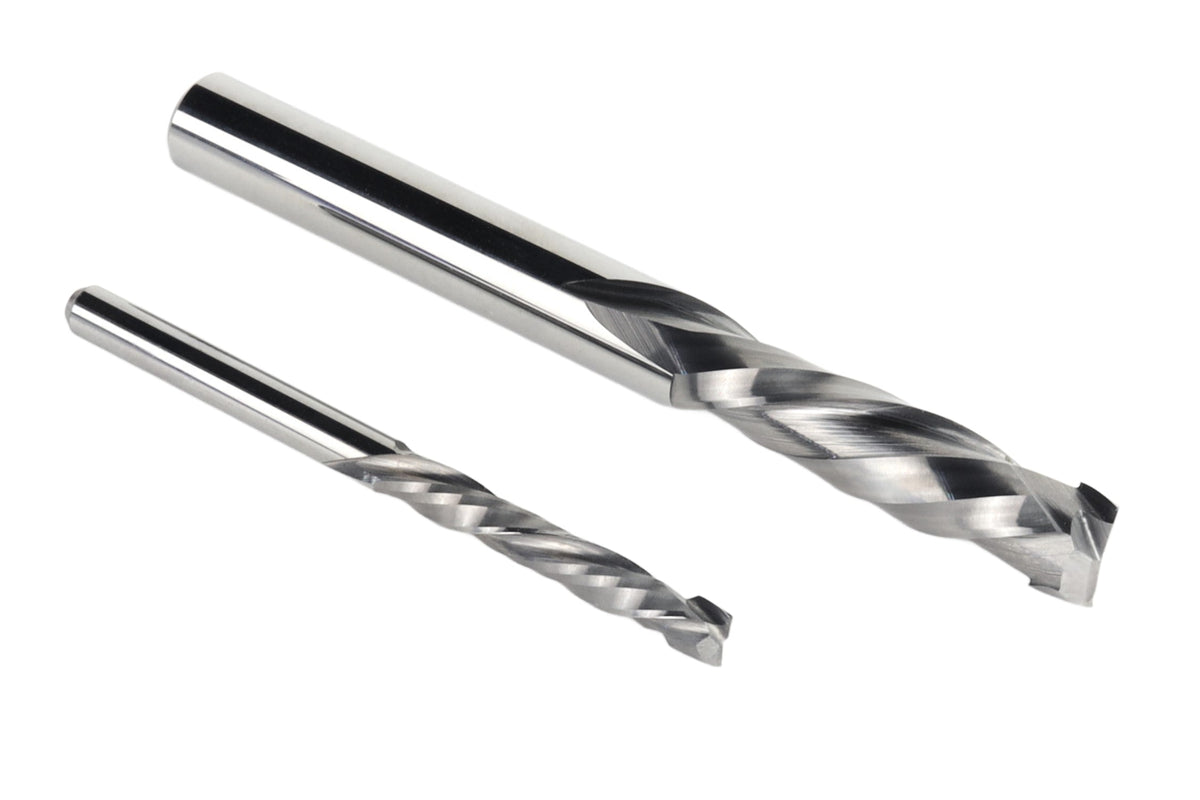 Two silver-colored compression endmill bits designed for CNC routers, with one bit larger than the other.