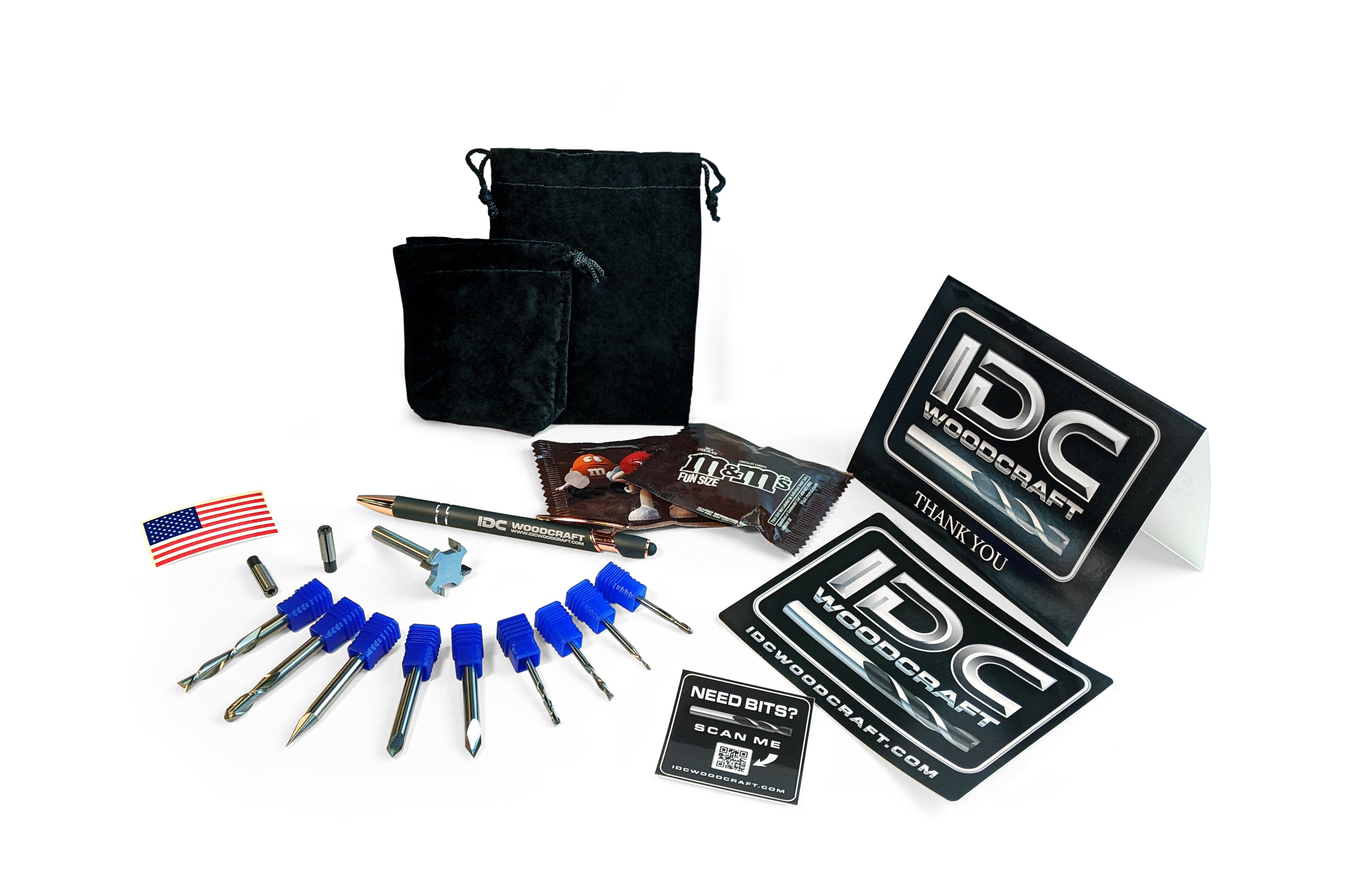IDC Woodcraft complete router bit set on table with accessories