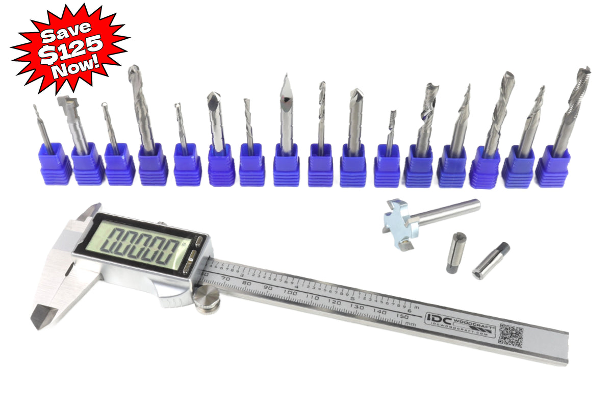 A collection of 20 CNC router bits arranged in a row with a digital caliper, all presented on a white background with a promotional sale sticker at the top.