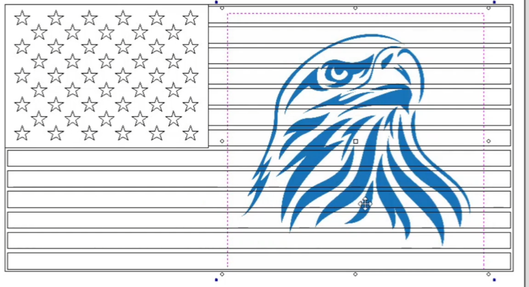 A screenshot shows planned toolpaths for a CNC router to make an American flag woodwork with an eagle head on the stripes.