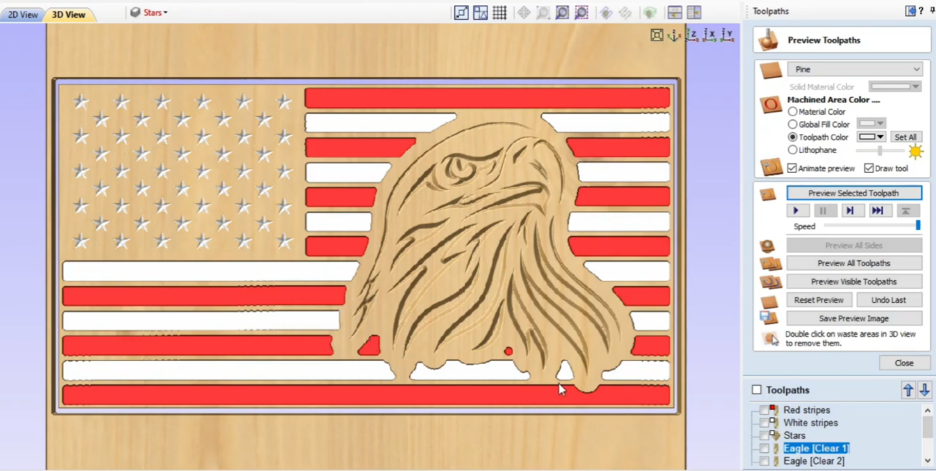 A screenshot shows an advanced American flag project with eagle head in CNC Router planning software